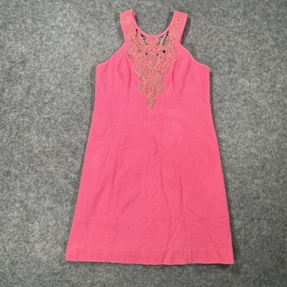 Lilly Pulitzer Dress Womens 4 Pink High Neck Embroidered Shift Cotton Lined